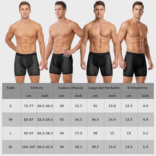 Hellomamma Men's Long Boxer Briefs: Breathable Mesh Cold Silk Underwear – Anti-Chafe Tagless for Men for Sport Gym and Cycling Size S-XL Pack of 4