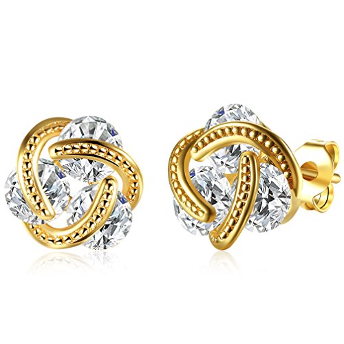 Women's Personalized 18K Gold Plated Love Knot Cluster Triple Round Cubic Zirconia Halo Stud Earrings for Teen Girls Yellow