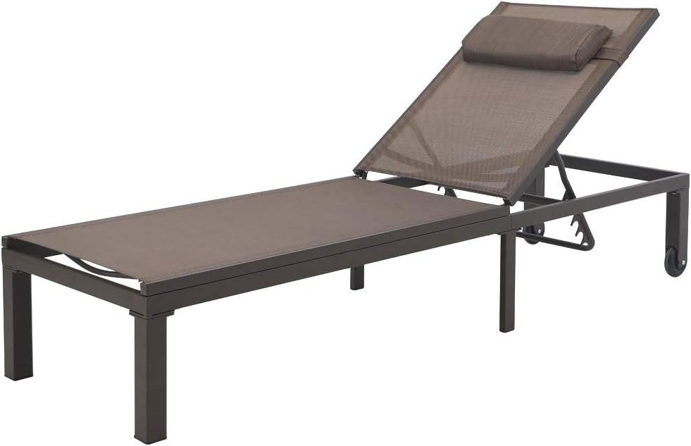 Crestlive Products Outdoor Adjustable Chaise Lounge Chair with Headrest and Wheels Five-Position Multiangle Recliner All Weather for Patio, Beach, Yard, Pool