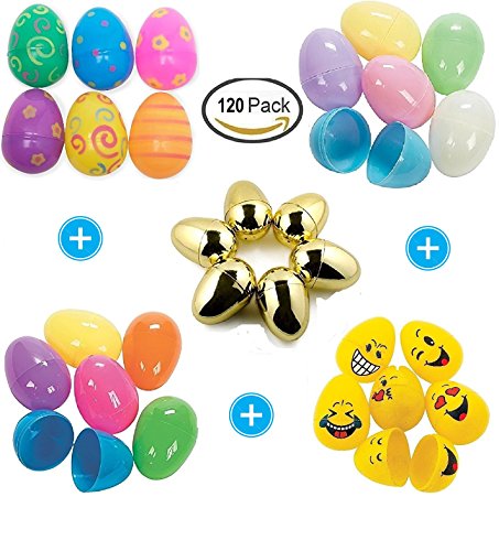 120 Assorted Plastic Easter Eggs with Bright Color, Pastel, Emoji, Gold, and Printed Eggs - Surprise Eggs Party Favors. Great Variety for Easter Eggs Hunting and Easter Eggs Basket