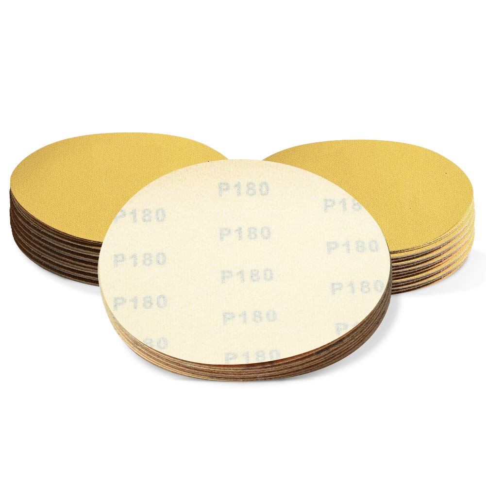SPEEDWOX 50 Pcs 6 Inches Sanding Discs 180 Grit Dustless Hook and Loop Sandpaper for Random Orbital Sander Yellow Finishing Discs for Automotive Woodworking