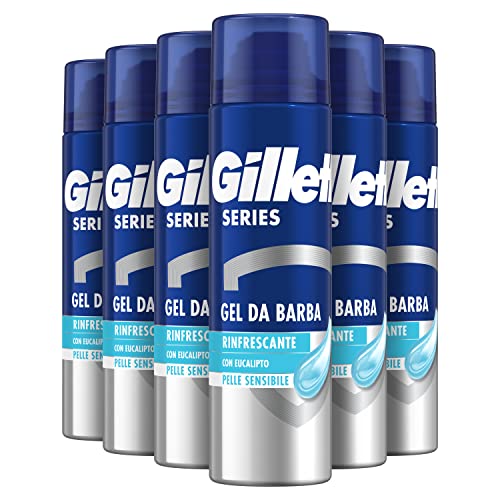 Gillette Series Erfrischendes Rasiergel mit Eukalyptus fuer Herren, empfindliche Haut, gegen Schnitte, Brennen, Brennen, Brennen, Brennen, Roetungen und Spannungsgefuehle, 200 ml x 6