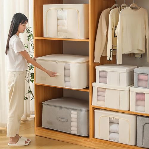 Clothes Organizer, 2 Pack Foldable Metal Frame Clothing Storing Bins with Double Visable Window, Large Capacity Cloth Container with Reinforced Handles, Storage Box, (Cream Yellow) (100L)