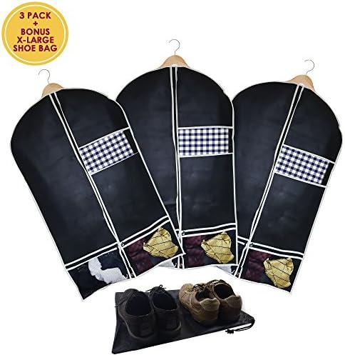 Garment Bag Set of 3 With X-Large Shoe Bag - Suit Travel Bag Folding Hanging Breathable Fabric For Men and Women's Coat, Suit, Dress, Traveling Clothes Protector and Closet Storage, Black