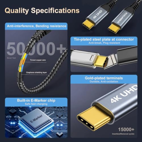 ZeroneTeck USB C Cable 3ft, USB C 3.2 Gen 2X2 Cable, 4K Monitor Video Output, 20Gbps High Speed Data Transfer, 100W Fast Charging for Carplay iPhone 16, MacBook, Dell, ARZOPA, KYY for Portable Monitor