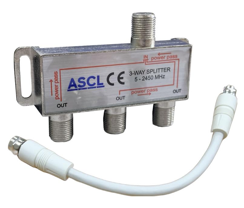 ASCL 1 in 3 Output TV Aerial Coaxial Cable 3 Way Splitter with White F Plug Connector Patch Cable