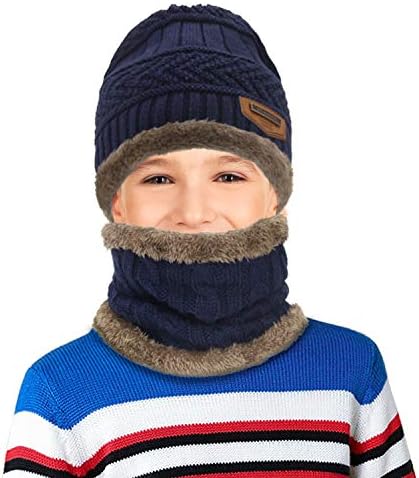Unisex Kids Winter Beanie Hat Scarf Set Warm Knitted Hat and Circle Scarf Set Outdoors Scarf Beanie Skiing Hat
