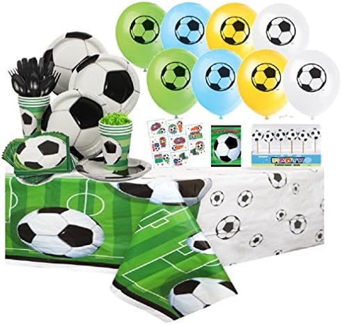db Favors Soccer Complete Party Pack for 8 Includes Plates, Napkins, Cups, Tattoos, Balloons, Invites, Tablecover, Cutlery with Bonus Cake Deco Candles
