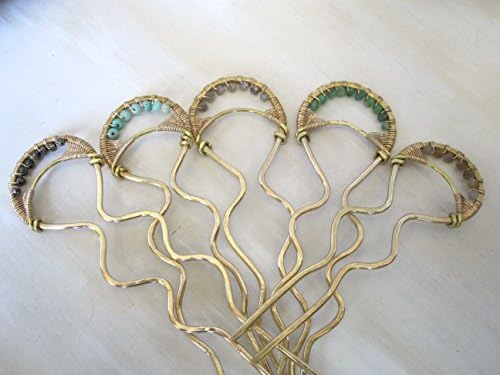 hand hammered brass hairpin with gemstone detail and wire wrapping in 14k gold fill.