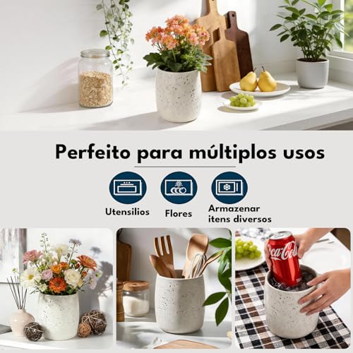 LUMAI Vaso de Cerâmica Salpicado Esmaltado Stoneware - Pote Porta Utensílios, Flores, Plantas e Organização de Acessórios Bancada Cozinha, Decoração Sala Mesa