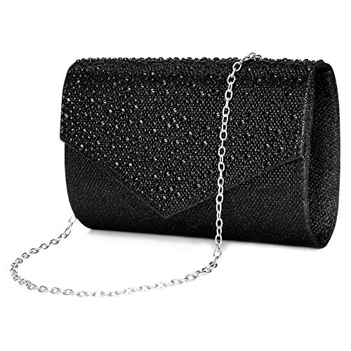 CurvChic Women Evening Bag Clutch Envelope Rhinestone Party Handbag Bridal Prom Purse (Black)
