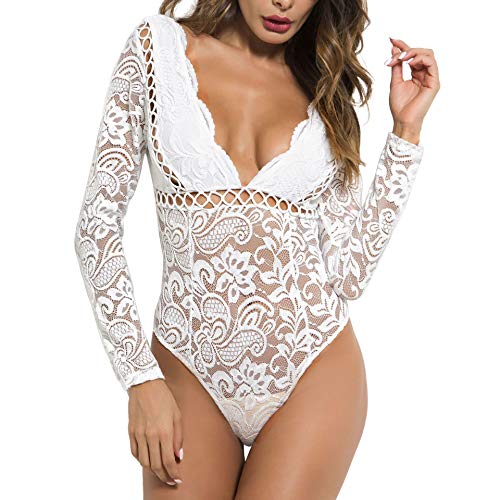 Carolilly-Body-Donna-in-Pizzo-Elegante-Sexy-Tuta-da-Donna-Manica-Lunga-con-Scollo-a-V-Profondo-Pagliaccetto-AderenteTrasparente-Lingerie-in-Pizzo-Sexy-Donna-Biancheria-Intima