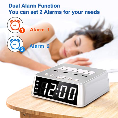 Dual Alarm Clock with USB Charger,Alarm Clock Charging Station Dock with 3 AC Outlets & 4 USB