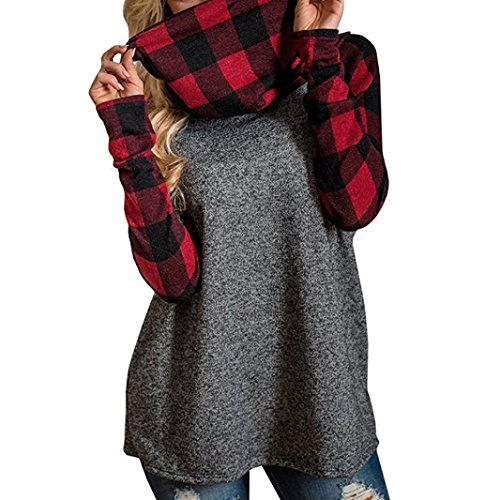 Tsmile Womens Turtleneck Cowl Neck Tops Plaid Patchwork Shirts Oversized Tunic Long Sleeve Pullover (Red, 2XL)