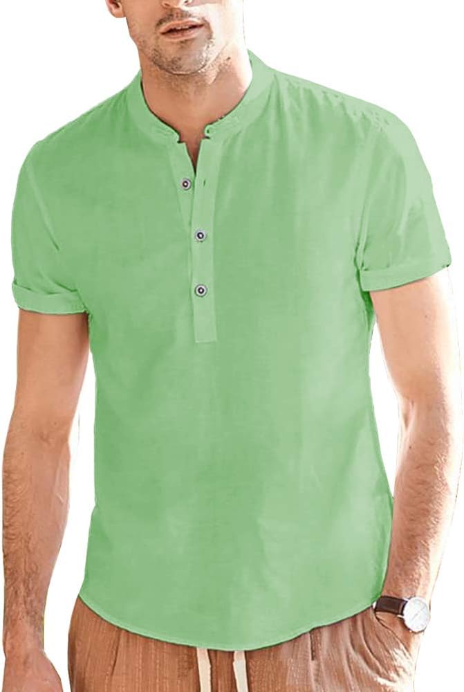 Hestenve Men's Casual Slim Fit Short Sleeve Henley T-Shirts Cotton Shirts