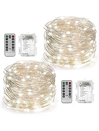 YIHONG 2 Set Fairy String Lights Battery Operated Waterproof 8 Modes Twinkling 50 LED String Lights 16.4FT Copper Wire Firefly Lights Remote Control for Bedroom Wedding Festival Decor (Daylight White)