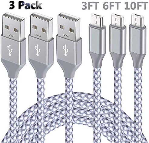 Micro USB Sync Cable, 3 pack (3ft 6ft 10ft/1m 2m 3m) High Speed Charger Cable Nylon Braided Fast Charging Data Cords with Metal Connectors Compatible with Smartphone&Tablets and More Android Devices
