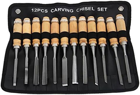 Wood Carving Tool Set DIY Roll-Up Woodworking Chisel Set 12-pcs Professional Wooden Mallet Knife Kit Sculpture Carving Crafting Chisel Tool with Protective Cover for Rubber, Pumpkin, Soap, Vegetables