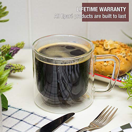 Eparé Retro Coffee Mugs - Clear Glass Double Wall Cup Set - Insulated Glassware - Large Coffee Espresso Latte Glasses - Thumbnail 5