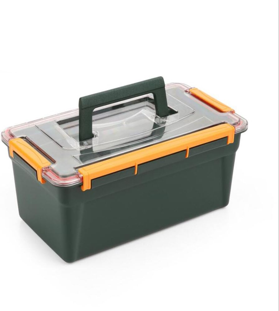 TOPINDDouble Layer Fishing Tackle Box Toolbox Large Storage Carry Case Plastic Big Lure Bait Case Waterproof Hand Tool Storage Boxes Toobox with 2 Moveable Trays Dark Green Fishing Accessories