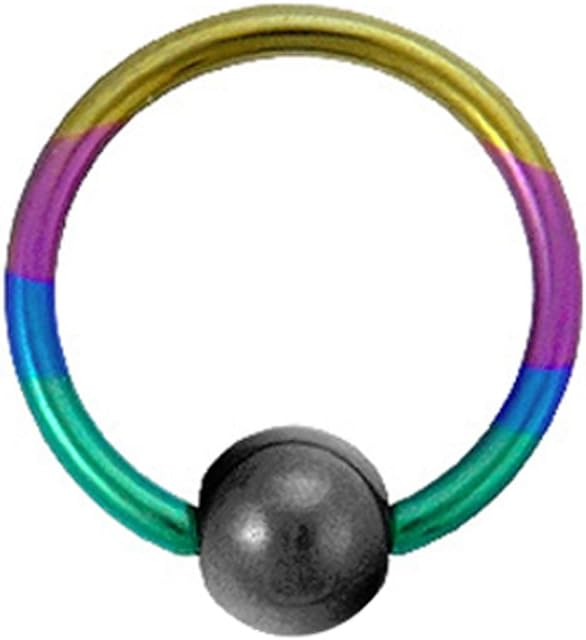 Titanium Ball Closure Ring in Rainbow with Hematite Bead 16 Gauge by 3/8"