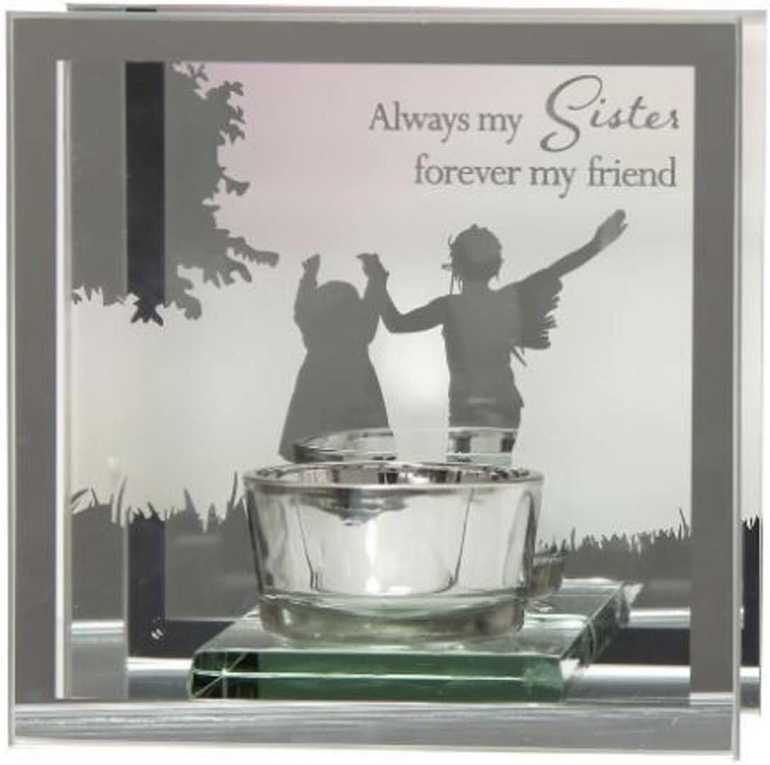 UK Gift Store Online Always My Sister Forever My Friend Mirrored Tealight Candle Holder Silver Glass Tabletop 2 inches Relaxation Gift