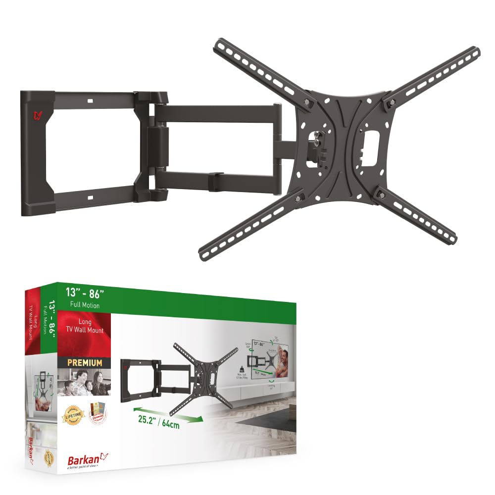 Barkan 64cm Long TV Wall Mount, 13-86 inch Full Motion Articulating - 4 Movement Flat/Curved Screen Bracket, Holds up to 56kg, Patented, Extra Stable, Fits LED OLED LCD