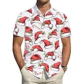 Christmas Shirt for Men Hawaiian Beach Graphic Shirts Xmas Holiday Button Down Short Sleeve Casual Tops