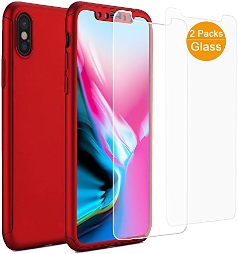 ONTHIS iPhone X Case, 360° Full-Body Protective Dual Layer Ultra Slim Shockproof PC Case Cover with 2 Packs of Tempered Glass Screen Protector for iPhone x,iPhone 10 (Red)