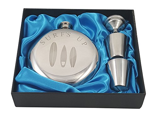 Surf's Up Flask Gift Set - Beached Flask Gift Set Engraved with Decorative Surfboards