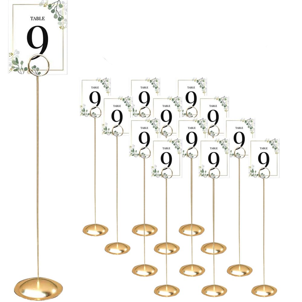 HOHIYA 12 Pcs Table Number Holders 12 Inch Place Card Holder Stands Brass Gold Tall for Photos Food Signs Memo Notes Weddings Restaurants Birthdays Party