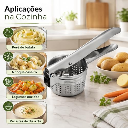 Espremedor de Batata Inox Manual Profissional – Amassador de Batatas e Legumes, Ideal para Purê, Nhoque e Cozinha - Utensílio de Cozinha em Aço Inoxidável