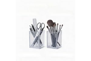 2 Pack Clear Acrylic Pencil Pen Holder Cup,Desk Accessories Holder,Makeup Brush Storage Organizer,Modern Design Desktop Stati