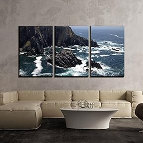 3 Piece Canvas Wall Art - Black Rocks and White Sea Waves - Modern Home Art Stretched and Framed Ready to Hang - 16"x24"x3 Panels