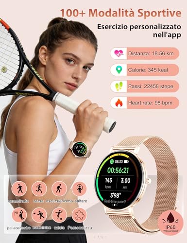 Smartwatch Donna,8mm Ultra Sottile,1.32" AMOLED Smart Watches con 7 Giorni di Batteria,Chiamate BLE5.3,Frequenza cardiaca, SpO2, Sonno, Contapassi,IP68 Orologio Fitness per Android/iOS,Oro Rosa