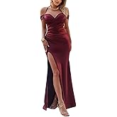 CurvySweet Women Off The Shoulder Formal Evening Gown Built-in Bra Slit Sleeveless Ruched Fall Stain Cocktail Maxi Long Dress
