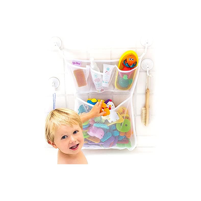 Tub Cubby Baby Bath Toy Storage for Bath Tub Toys – 14″ x 20″ Hanging Mesh Toy Holder with Suction & Adhesive Hooks – Bath Toy Organizer for Tub Toys for Toddlers 1-3 Years – Bathtub Toy Holder