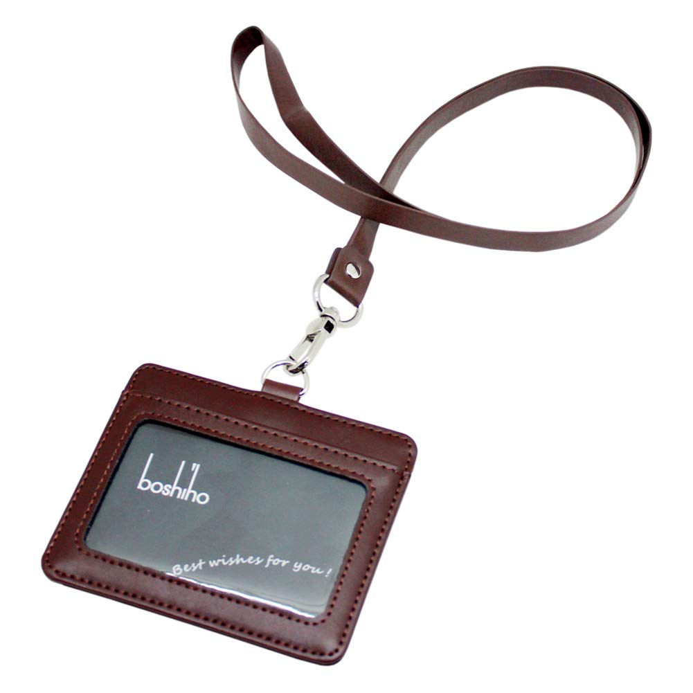 Boshiho Leather ID Card Badge Holder with Heavy Duty PU Leather Lanyard Neck Strap (H-Coffee)