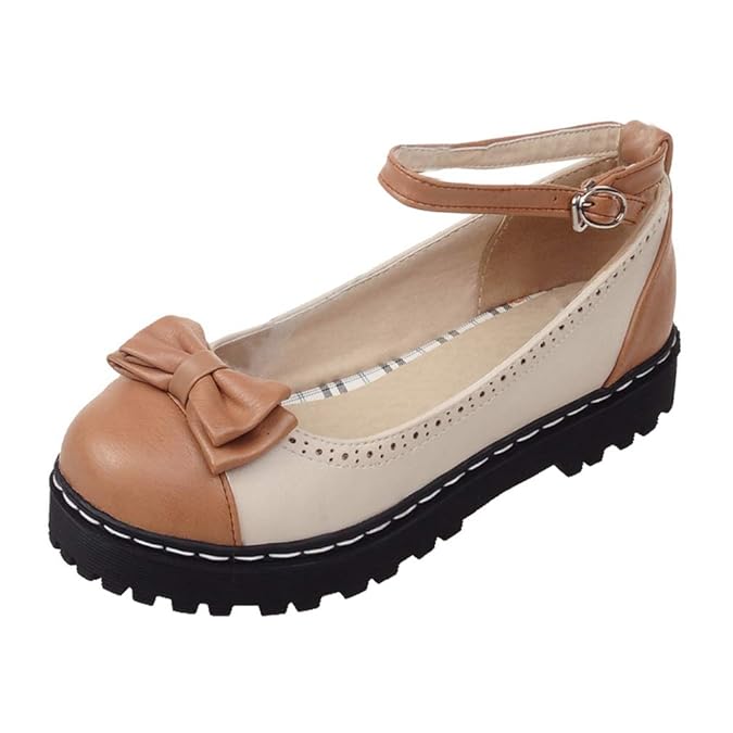 Coolulu Damen Pumps Flach mit Riemchen und Schleife Rockabilly Lolita Cosplay Schuhe