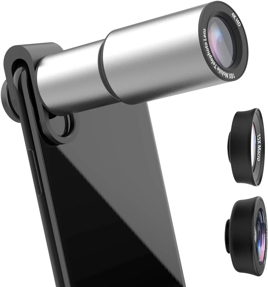 Phone Camera Lens Kit, LcueGuk 3 in 1 Cell Phone Camera Lens with HD 18X Zoom Telephoto Lens/180 Degree Wide Angle Lens/15X Macro Lens, Professional Telescope Lens for iPhone, Samsung & More (Silver)