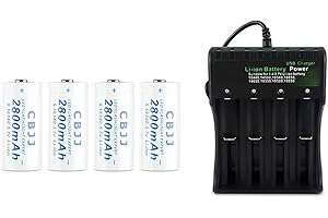CBJJ 16340 Rechargeable Batteries of 3.7V 2800mAh Battery for Flashlight, Toy Cars (4 Pack + 4 Bay)