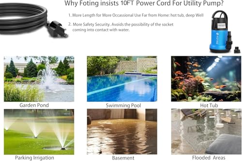 FOTING Sump Pump 1 HP 4600 GPH Clean/Dirty Submersible Water Pump, Thermoplastic Portable Utility Pump for Swimming Pool Garden Pond Basement Window Wells with 10FT Long Power Cord, Blue