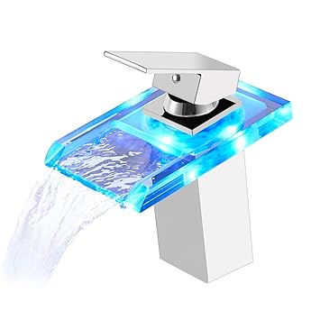 Auralum® LED Wasserhahn Wasserfall Led Glass Waschtischarmatur mit RGB 3 Farbewechsel Beleuchtung Bad Armatur Einhebelmischer
