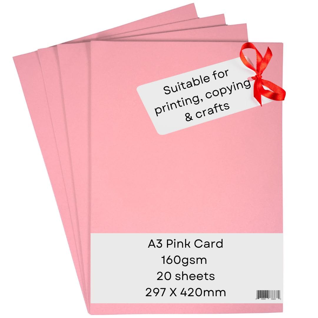 A3 Pale Pink Card Paper Printer - 180gsm 20 Sheets - Coloured - Suitable for Craft, Printing, Copying, Photocopiers