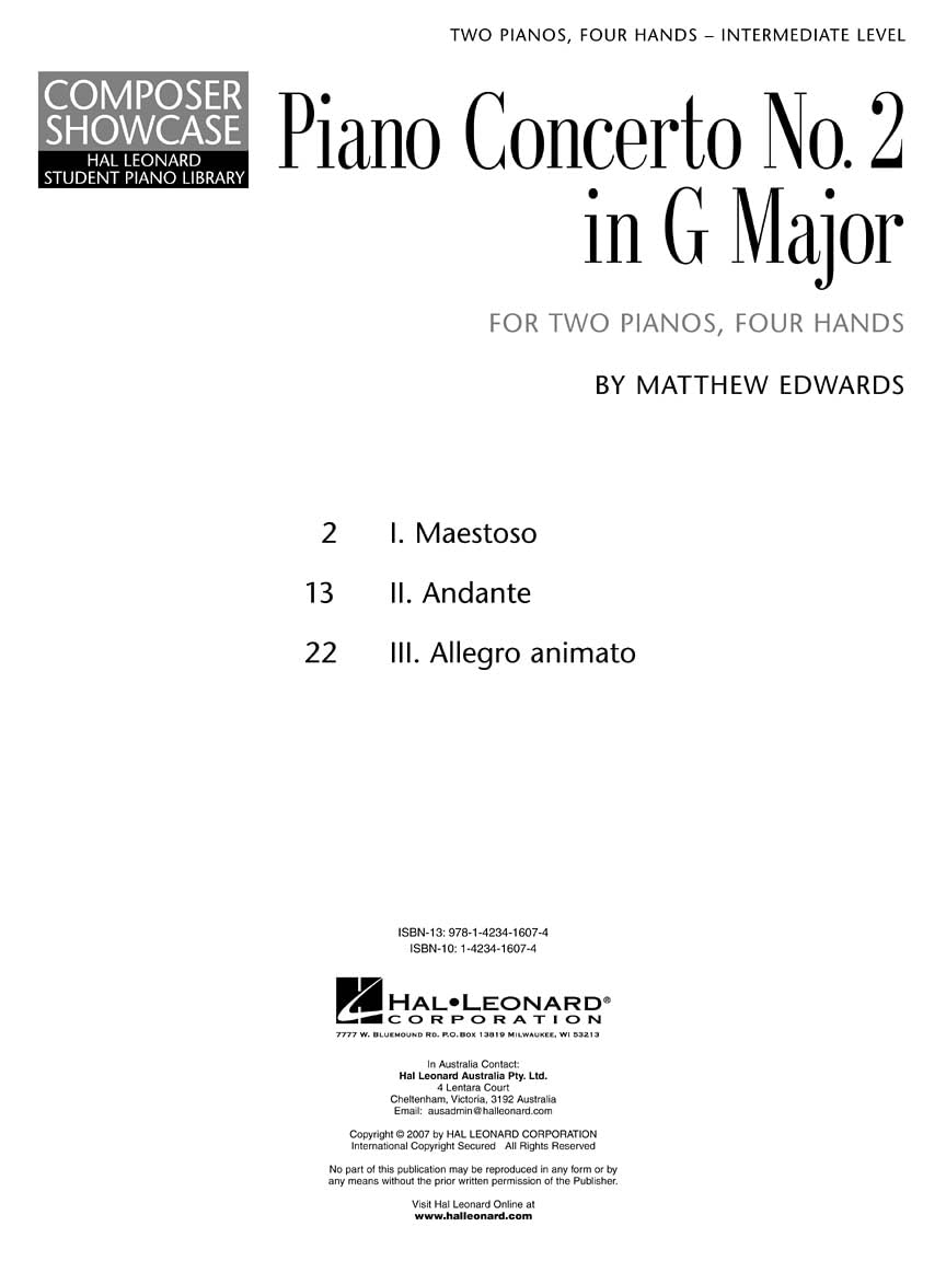 Matthew Edwards Concerto No.2 In G For 2 Pianos, 4 Hands Pfduet Book/ (Composer Showcase)