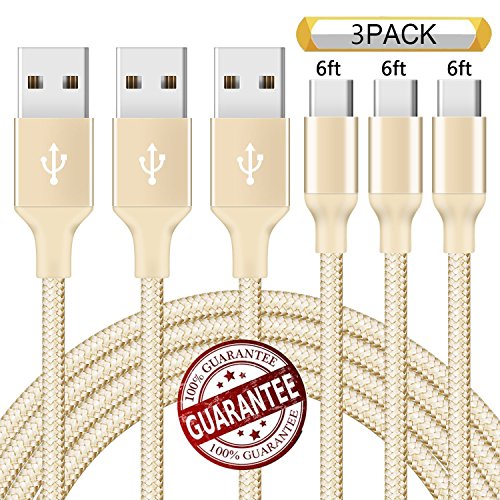 Zcen USB Type C Cable, 3Pack 6FT Nylon Braided USB A to USB C Charger Cable Fast Charging Cord for Samsung Galaxy Note 8 S8 Plus, LG G6 V30 V20, Google Pixel XL 2 Gold