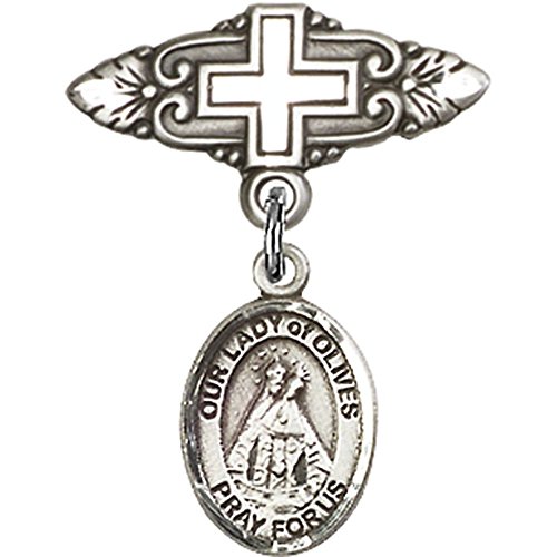 Sterling Silver Baby Badge with Our Lady of Olives Charm and Badge Pin with Cross 1 X 3/4 inches