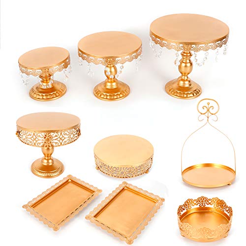 Cupcake Stands, 14 Set Metal Crystal Cake Holder Cupcake Stand Cake Dessert Holder with Pendants and Beads,Wedding Birthday Dessert Cupcake Pedestal Display, Gold USA STOCK (14, Gold)