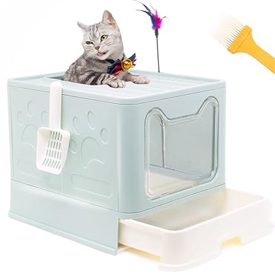 Buy Blbgdd Large Cat Litter Box With Lid Foldable Top Entry Litter Box Enclosure Covered Litter Box Furniture Hidden Kitty Litter Box And Cat Toilet With Scoop Cleaning Brush Funny Cat Stick Blue