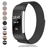 hooroor Fitbit Charge 2 Bands Small & Large for Women Men Girls, Milanese Loop Stainless Steel Metal Bracelet Strap with Unique Magnet Lock, No Buckle Needed for Fitbit Charge 2 (Black, Large)